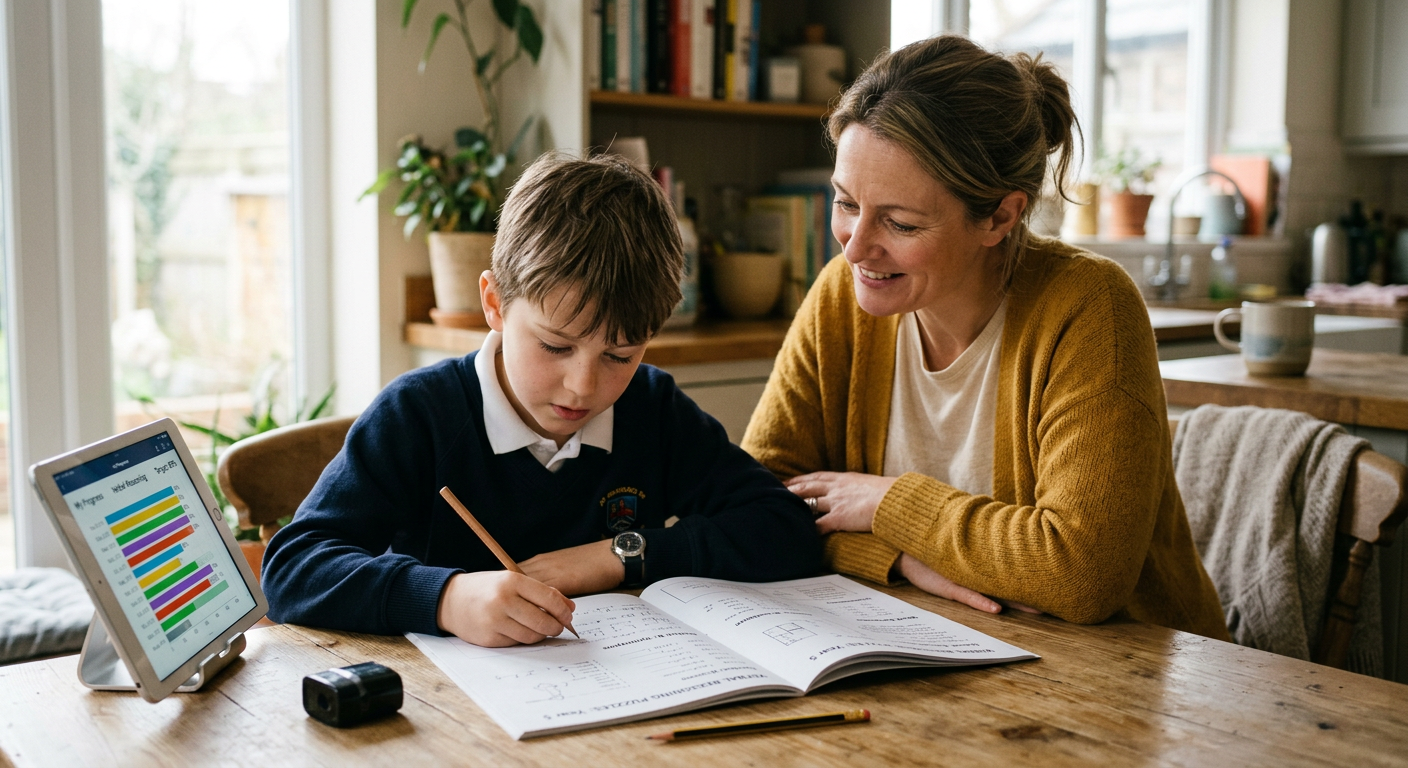 A student working through 11+ practice questions at home with a parent